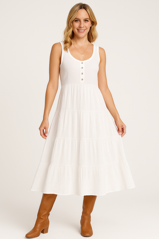 Women's Maxi Dress – Sleeveless A-line – U-neck – Layered Skirt – Button Front