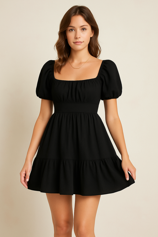Dress woman – Mini length – Puff sleeves – Square neckline – Fitted waist