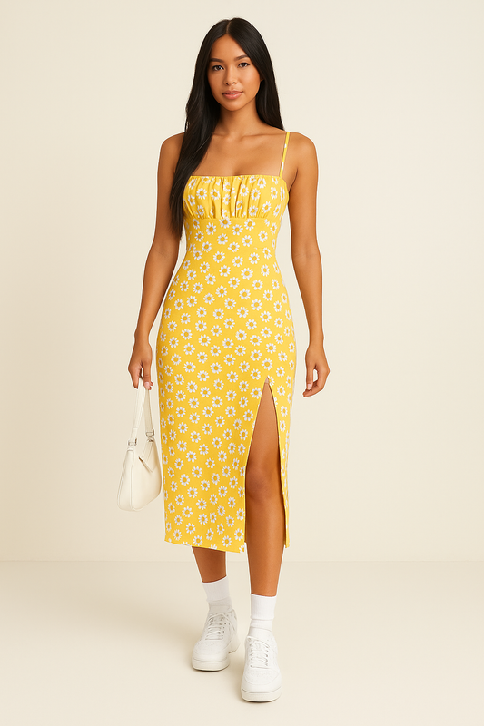 Dress for Women – Slim Fit – Spaghetti Straps – Floral Print – Slit – Cotton Blend