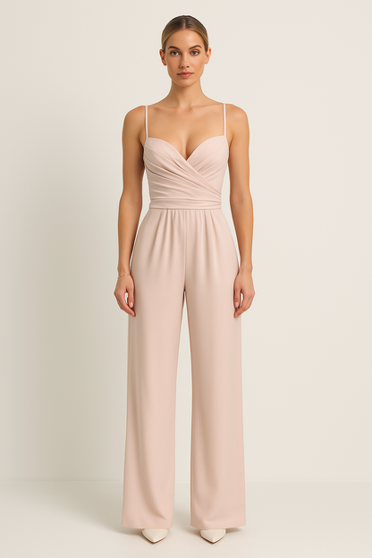 Dame Jumpsuit – Elegant Passform – Hjerteutringning – Rynket Liv – Vide Ben