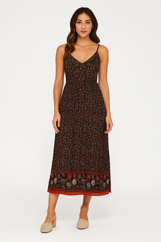 Women's Maxi Dress – Bohemian Cut – V-neck – Thin Straps – Light and Airy Fabric
