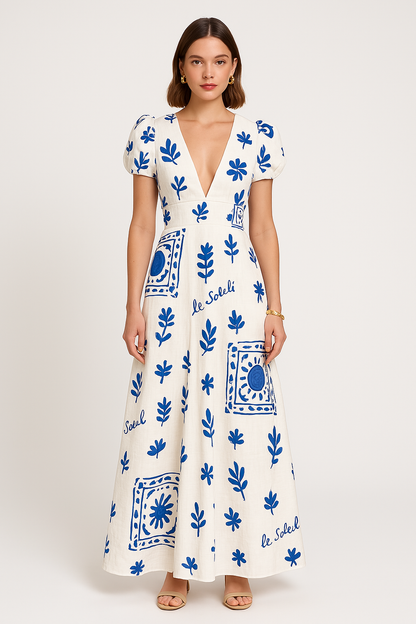 Dress for Women – Ankle-Length Maxi Dress – V-Neck – Puff Sleeves – Light and Breathable Fabric
