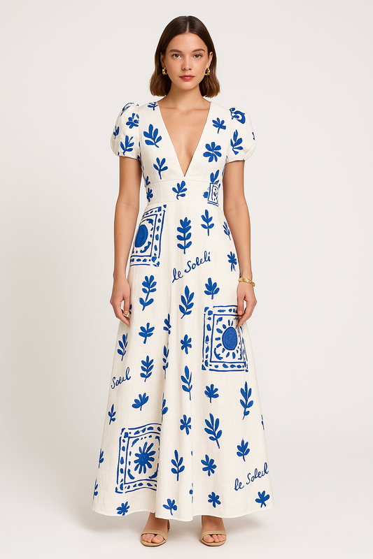 Dress for Women – Ankle-Length Maxi Dress – V-Neck – Puff Sleeves – Light and Breathable Fabric