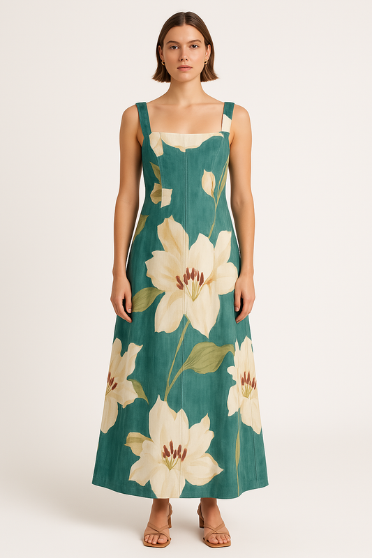 Dress woman – Maxi dress cotton blend – Sleeveless – Square neckline – Floral print