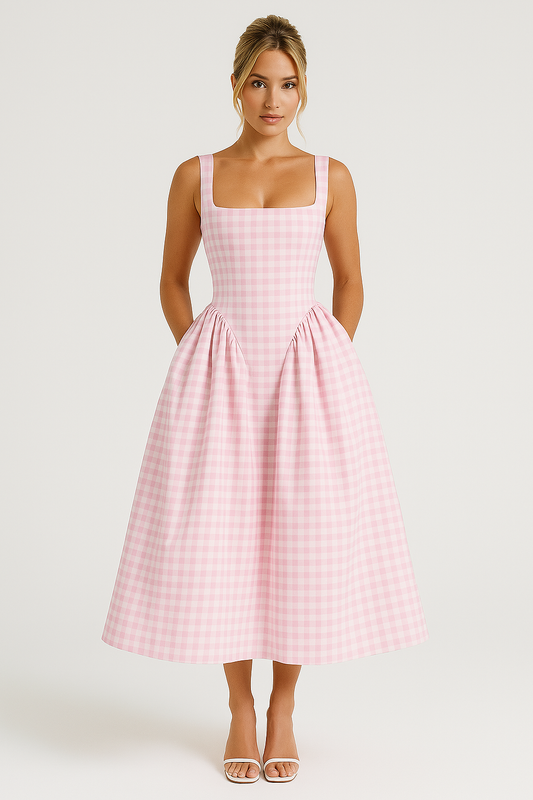 Dress for Women – Midi Length – Princess Cut – Plaid – Thin Straps – Square Neckline