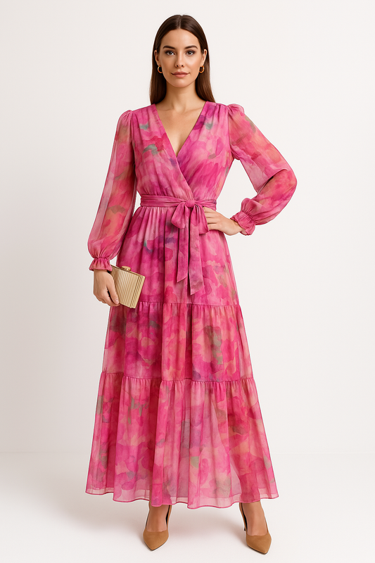 Dress woman – V-neck – Belt at the waist – Long sleeves – Layered maxi skirt – Airy fit
