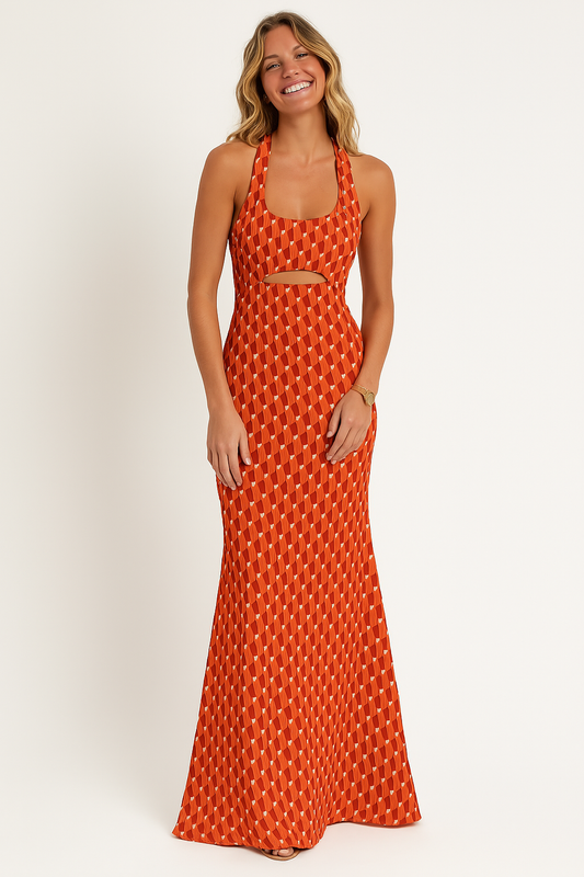 Dress woman – Long slim fit – Halterneck with cut-out – Light breathable fabric