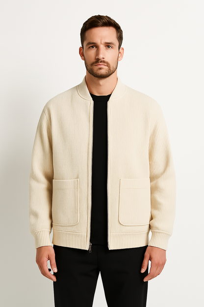 Men's Jacket – Relaxed Fit – Zipper – V-neck – Structured Ribbed Design