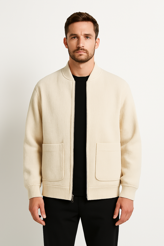 Men's Jacket – Relaxed Fit – Zipper – V-neck – Structured Ribbed Design