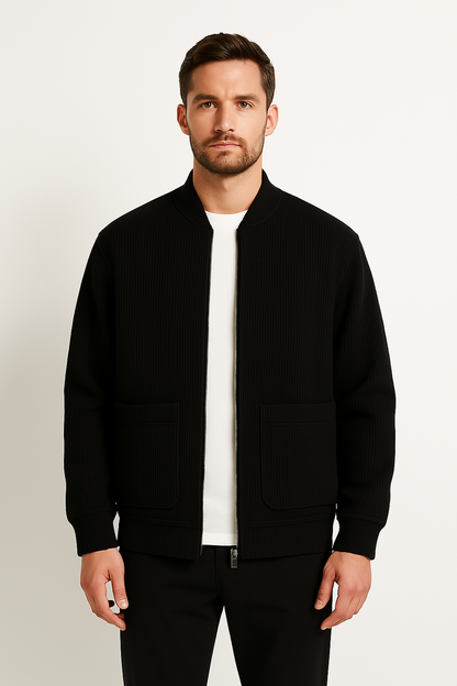 Men's Jacket – Relaxed Fit – Zipper – V-neck – Structured Ribbed Design