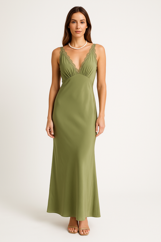 Dress for Women – Satin – Slim Fit – Sleeveless – V-Neck with Lace Details