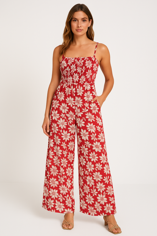 Women's Jumpsuit – Floral Print – Wide Leg – Smock Bodice – Spaghetti Straps – Comfort Fit