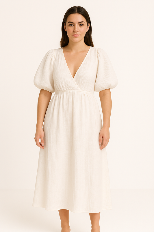 Dress for Women – V-Neck – Puff Sleeves – Soft Texture – Relaxed Fit – Midi Length