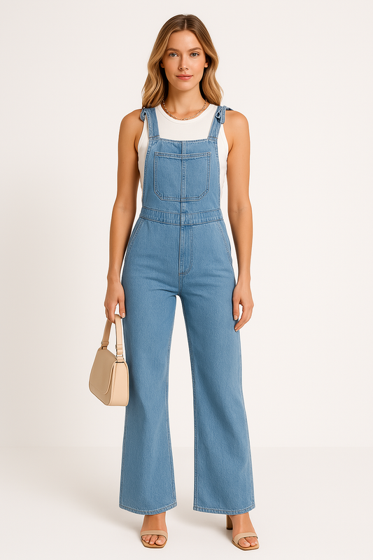 Women's Denim Overall Pants – Relaxed Fit – Adjustable Straps – Full Length – Side Pockets