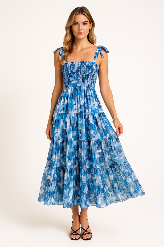 Dress woman maxi – smocked bodice – adjustable tie straps – floral ruffle skirt
