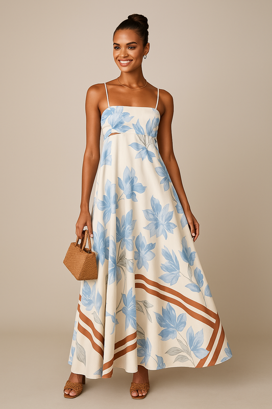 Dress for Women – A-line Maxi – Spaghetti Straps – Floral Print – Open Back
