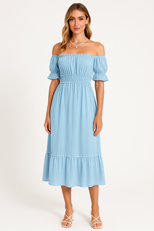 Dress woman – off-shoulder midi – cotton blend – ruffles – relaxed boho fit