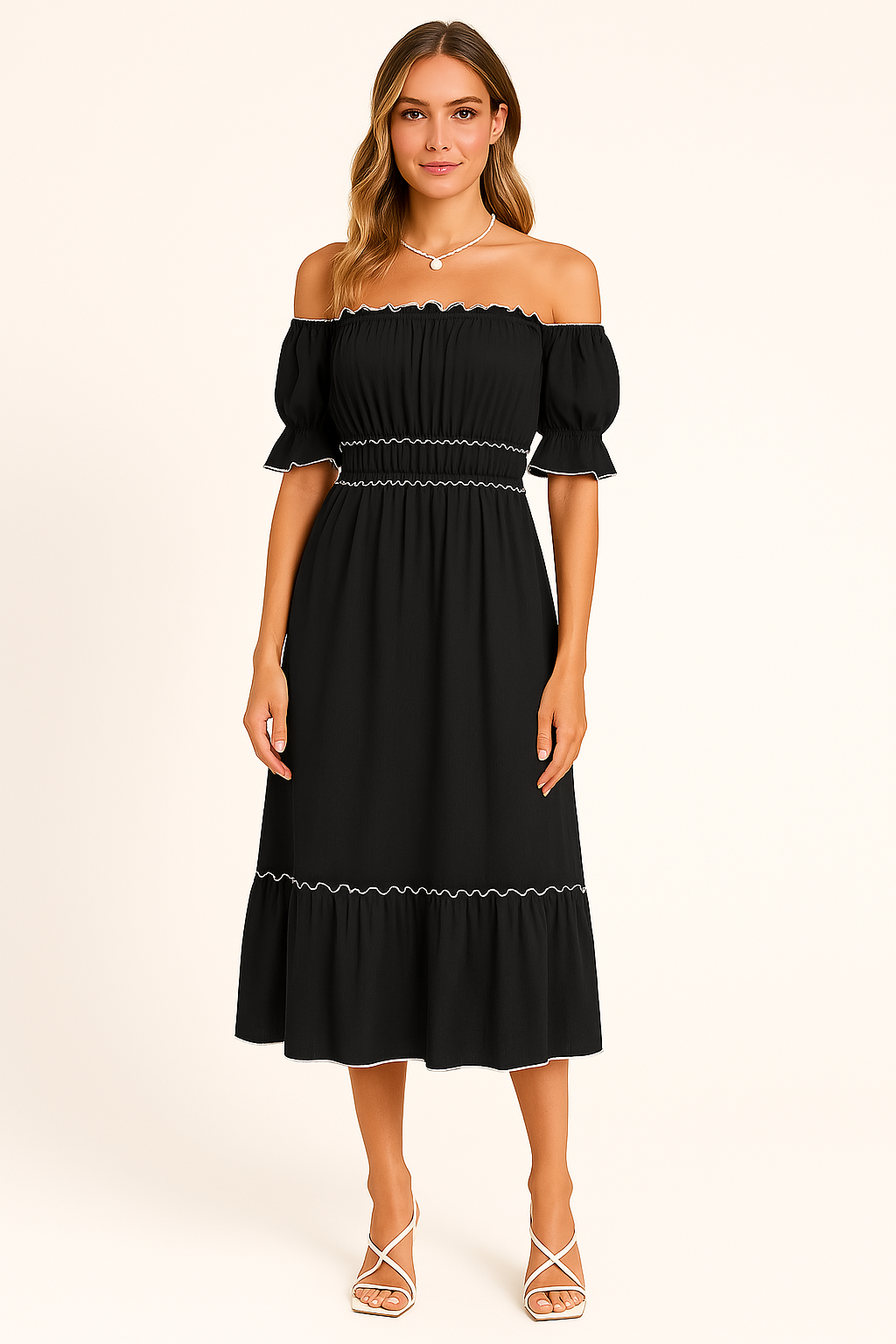 Dress woman – off-shoulder midi – cotton blend – ruffles – relaxed boho fit