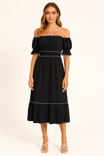 Dress woman – off-shoulder midi – cotton blend – ruffles – relaxed boho fit