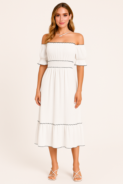 Dress woman – off-shoulder midi – cotton blend – ruffles – relaxed boho fit