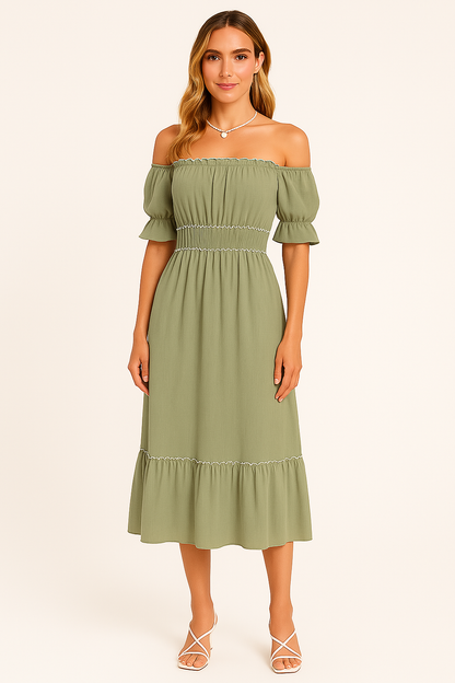 Dress woman – off-shoulder midi – cotton blend – ruffles – relaxed boho fit