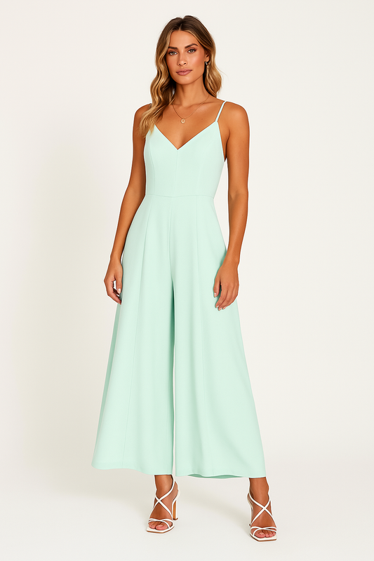 Women's Jumpsuit – V-neck – Spaghetti Straps – Wide Legs – Relaxed Fit – Defined Waist