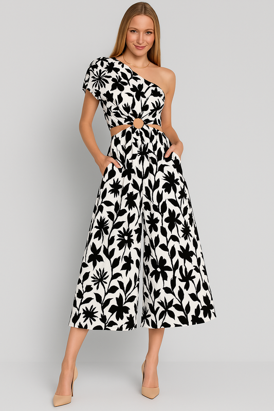 Women's jumpsuit – one shoulder – waist cut with ring – wide legs – cotton blend