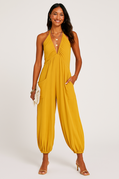 Women's Jumpsuit – Halterneck – Deep V-neck – Relaxed Fit – Tapered Legs – Pockets