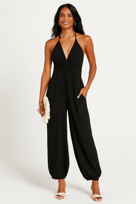 Women's Jumpsuit – Halterneck – Deep V-neck – Relaxed Fit – Tapered Legs – Pockets