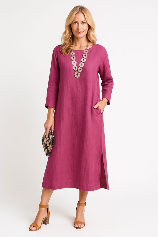 Women's Shirt Dress – Relaxed Fit – Lightweight Woven – Midi Length – Long Sleeves – Split