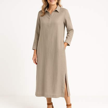 Women's Shirt Dress – Relaxed Fit – Lightweight Woven – Midi Length – Long Sleeves – Split