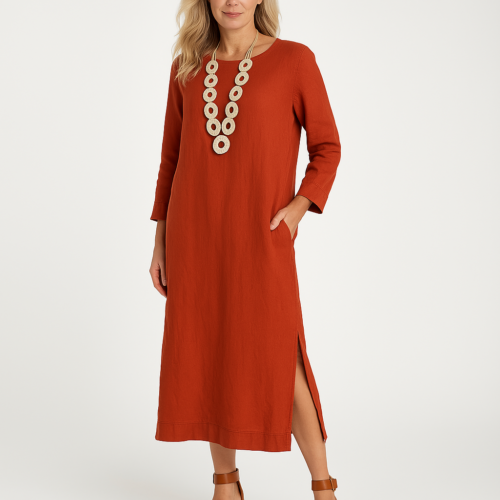 Women's Shirt Dress – Relaxed Fit – Lightweight Woven – Midi Length – Long Sleeves – Split