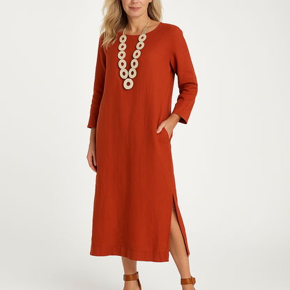 Women's Shirt Dress – Relaxed Fit – Lightweight Woven – Midi Length – Long Sleeves – Split