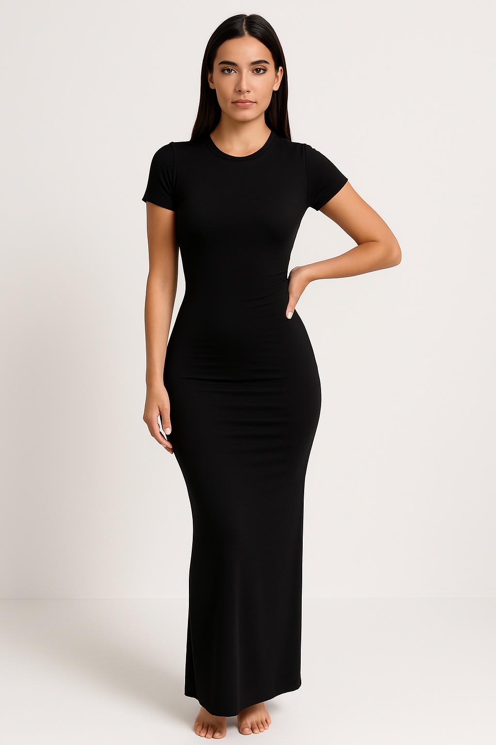 Kjole for dame – Smal passform – Elastisk stoff – Ankellang – Kort erm – Rund hals