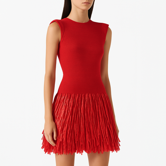 Dress woman – Sleeveless mini dress – Slim fit – Fringe skirt – Round neck