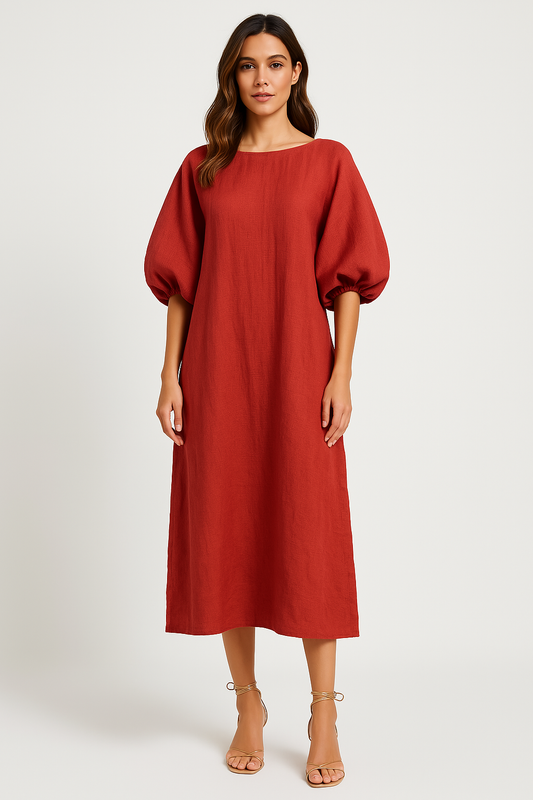 Dress woman – long dress – loose fit – puff sleeves – round neck – breathable fabric