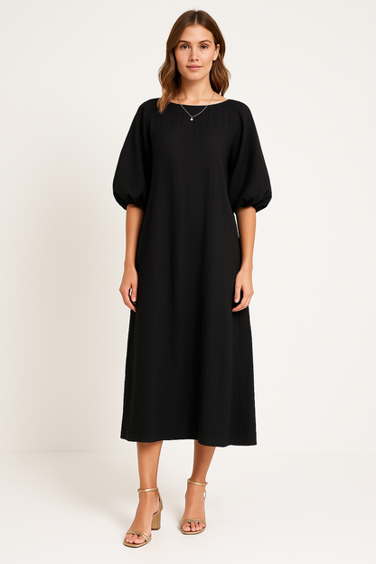 Dress woman – long dress – loose fit – puff sleeves – round neck – breathable fabric
