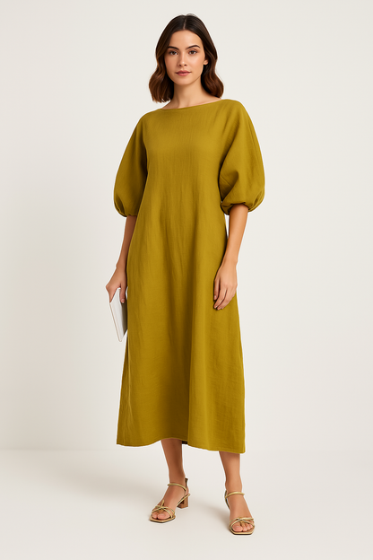 Dress woman – long dress – loose fit – puff sleeves – round neck – breathable fabric