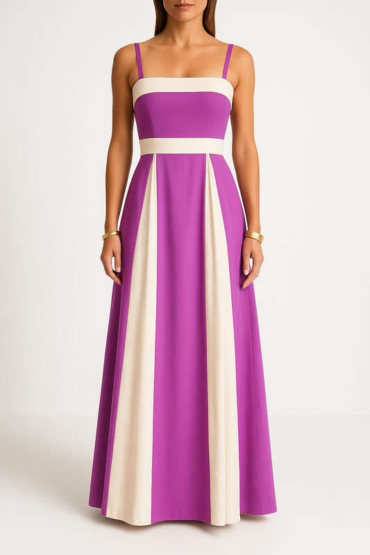 Women's Maxi Dress – High Waist – A-line Fit – Thin Straps – Colorblock Design