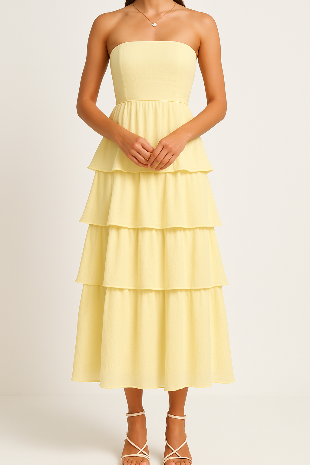 Dress woman – strapless midi dress – tight-fitting bodice – ruffle and layered skirt