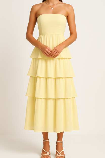 Dress woman – strapless midi dress – tight-fitting bodice – ruffle and layered skirt