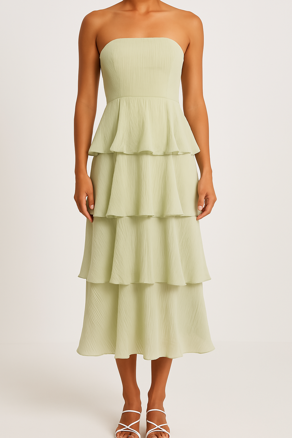 Dress woman – strapless midi dress – tight-fitting bodice – ruffle and layered skirt