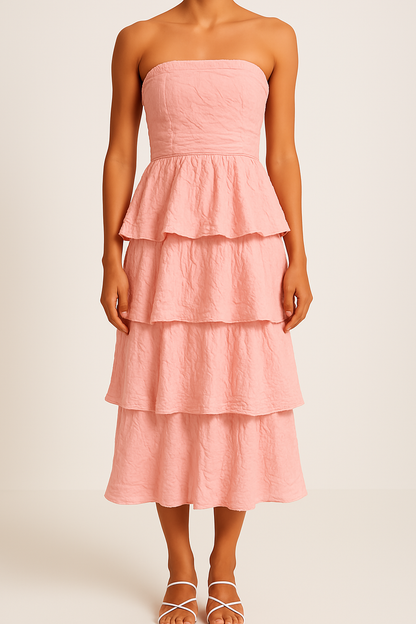 Dress woman – strapless midi dress – tight-fitting bodice – ruffle and layered skirt