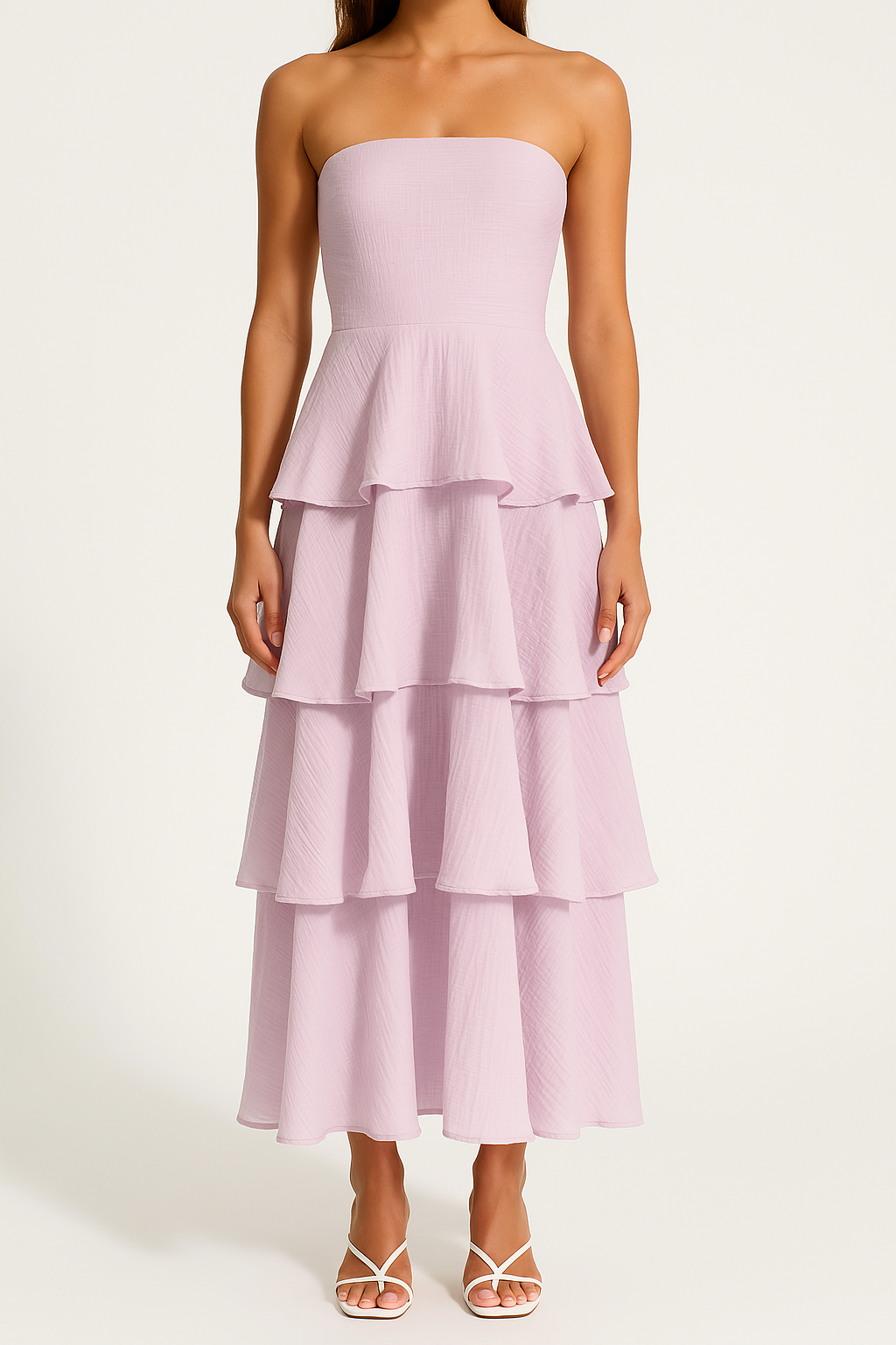 Dress woman – strapless midi dress – tight-fitting bodice – ruffle and layered skirt