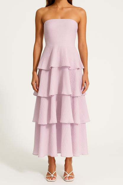 Dress woman – strapless midi dress – tight-fitting bodice – ruffle and layered skirt