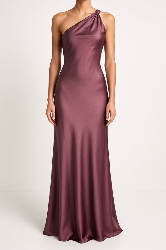 Dress for Women – Satin – Slim Fit – Floor-Length – One Shoulder Pleated Party Dress