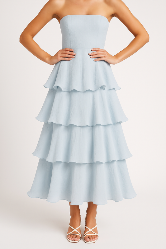 Dress for Women – Strapless Midi Dress – Fitted Bodice – Tiered Ruffle Layers