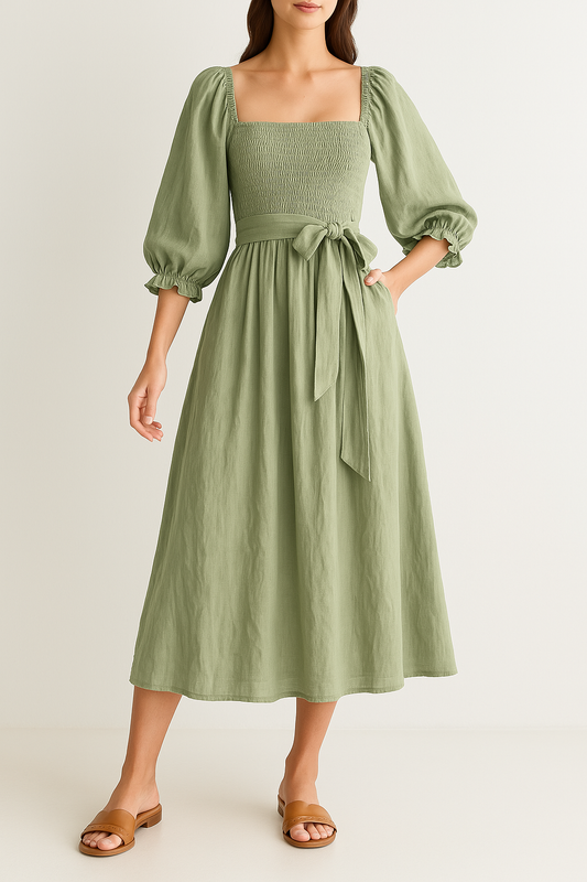 Dress for Women – Smocked Bodice – A-line Fit – Midi – Puff Sleeves – Reversible Design