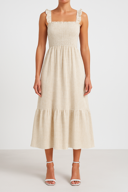 Women's Maxi Dress – Smocked Bodice – Spaghetti Straps – Ruffled Skirt – Checkered Pattern