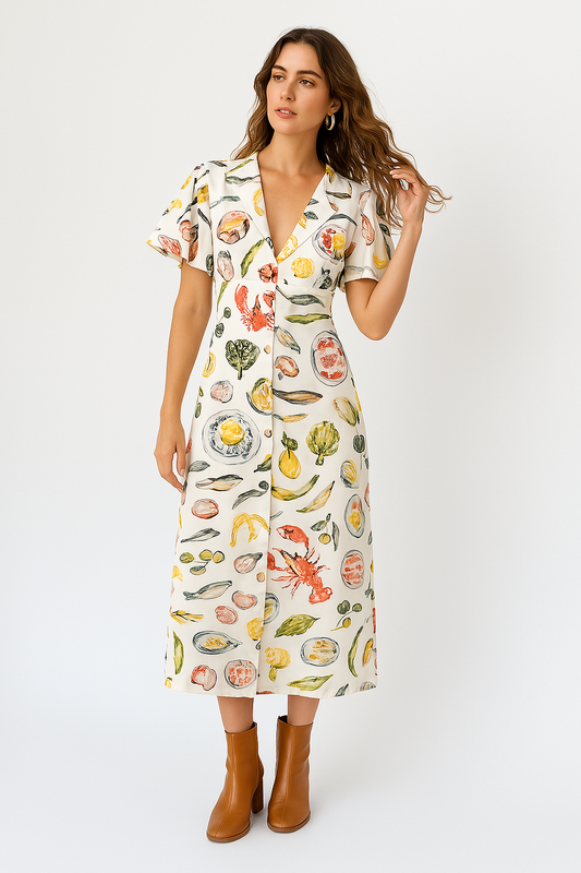 Dress for Women – V-Neck – Linen – Loose Fit – Midi – Buttons – Patterned